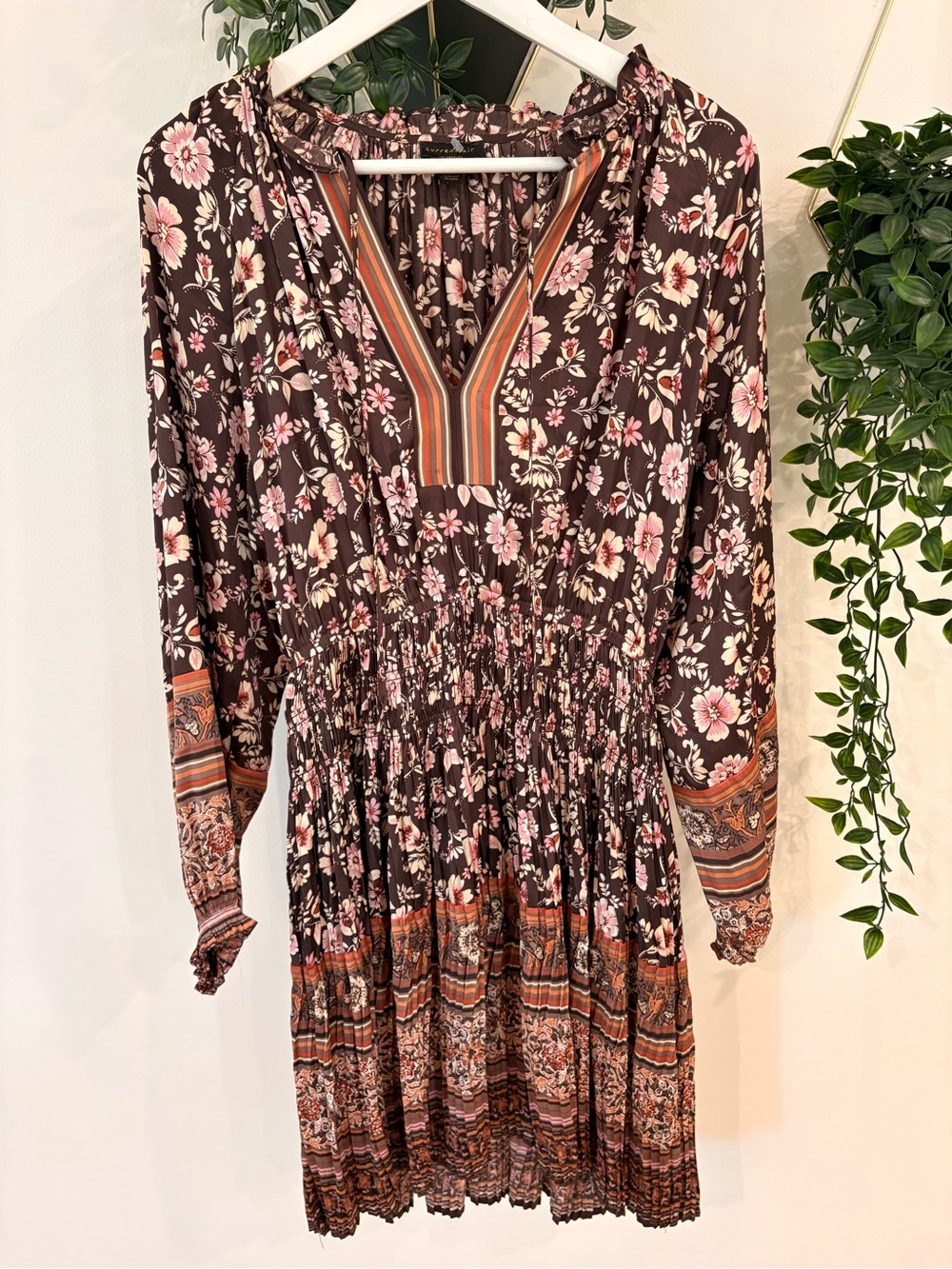 Current Air Brown Floral Long Sleeve fall Smocked Waist Dress with Pink Accents